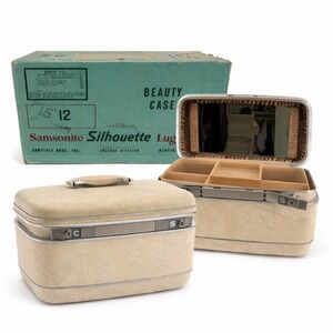 Vintage Samsonite Silhouette Beauty Case Cream Marble Train Case with Mirror Box